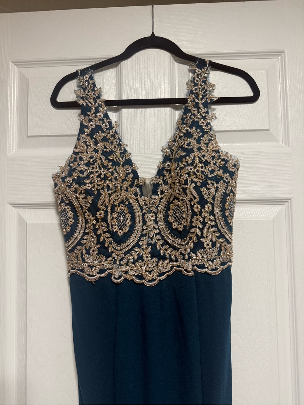 Soieblu Navy Dress with Gold Lace Bodice